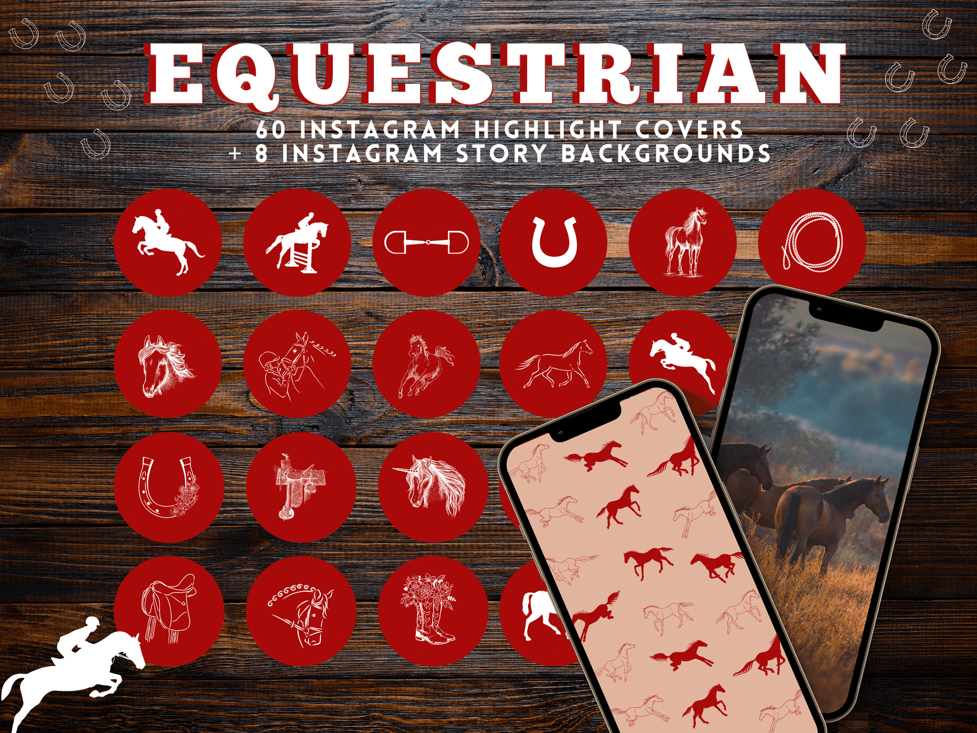 Red Equestrian horse riding Instagram highlight covers + story backgrounds - show jumping, pony, dressage, rodeo cowgirl IG icons