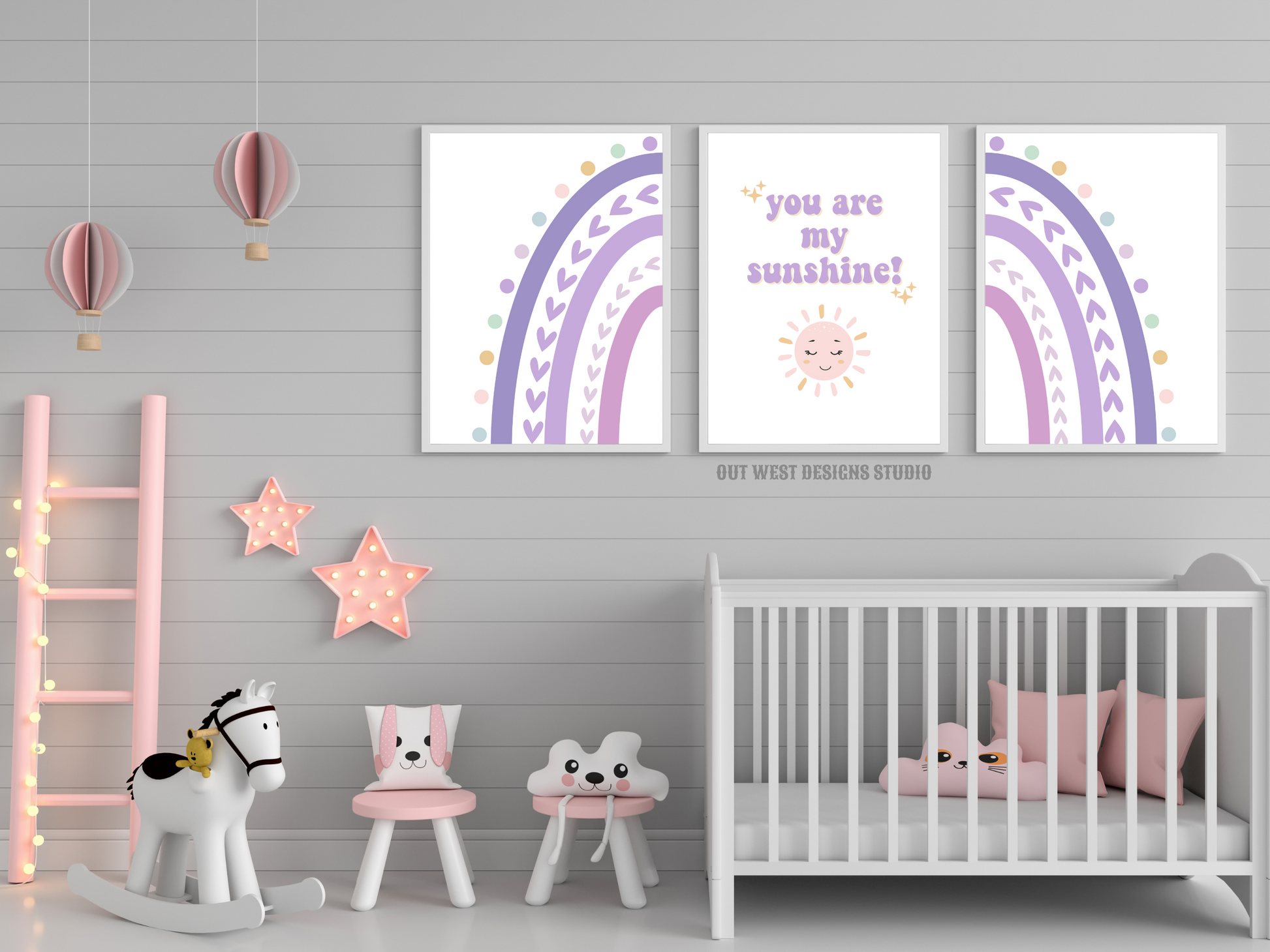 Sunshine rainbow nursery print- You are my sunshine pastel purple baby, toddler girls + boys wall decor water-color kids bedroom