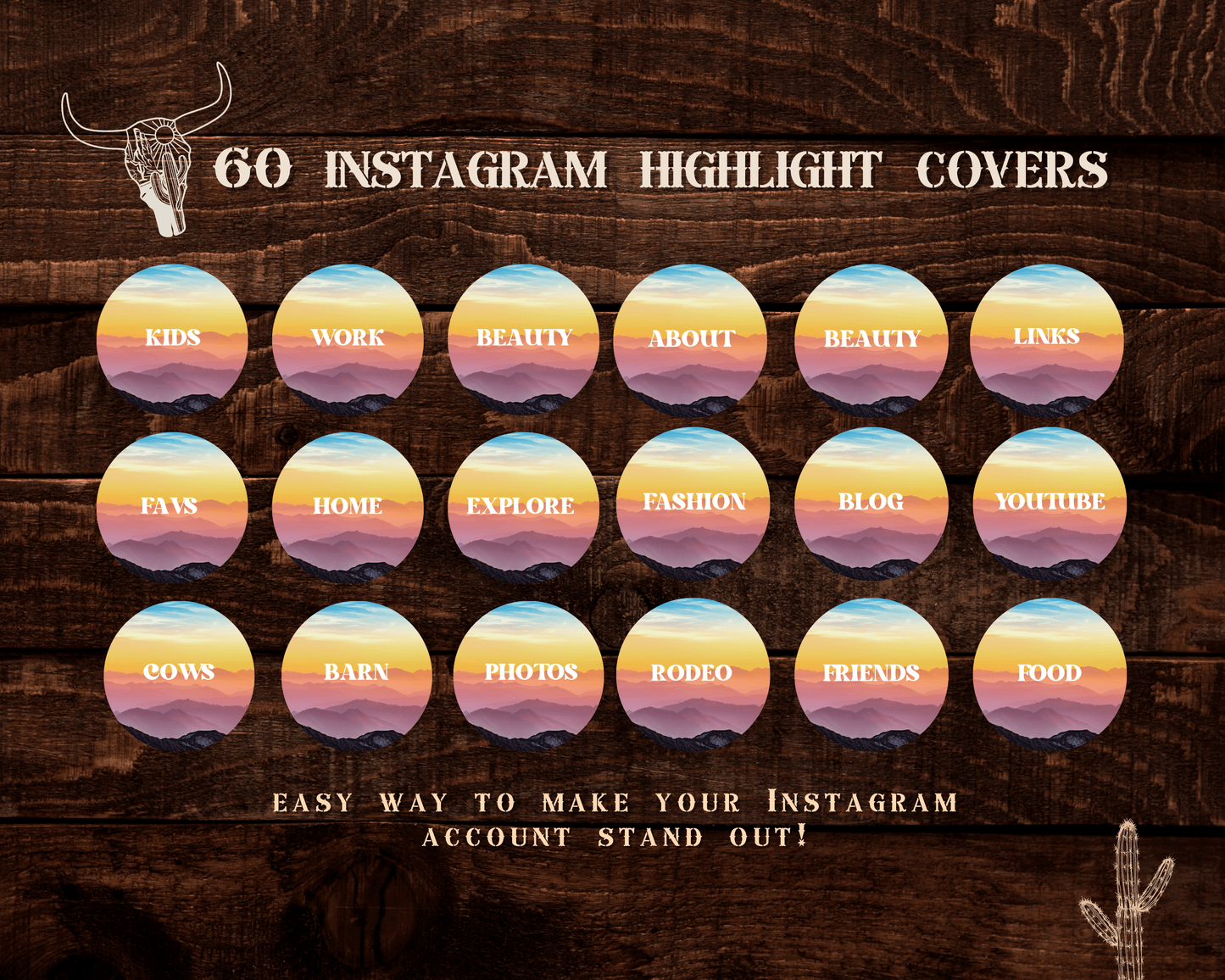 Wild West Cowgirl Instagram highlight covers + story backgrounds - Mountain sunset + pink western rodeo IG icons for social media
