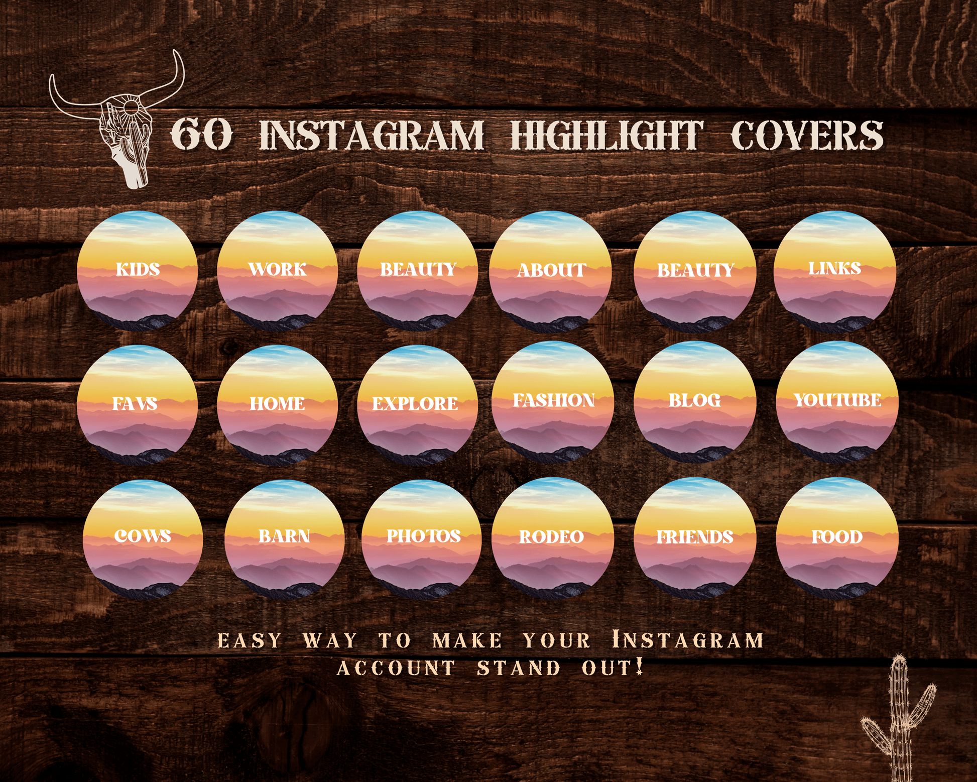 Wild West Cowgirl Instagram highlight covers + story backgrounds - Mountain sunset + pink western rodeo IG icons for social media