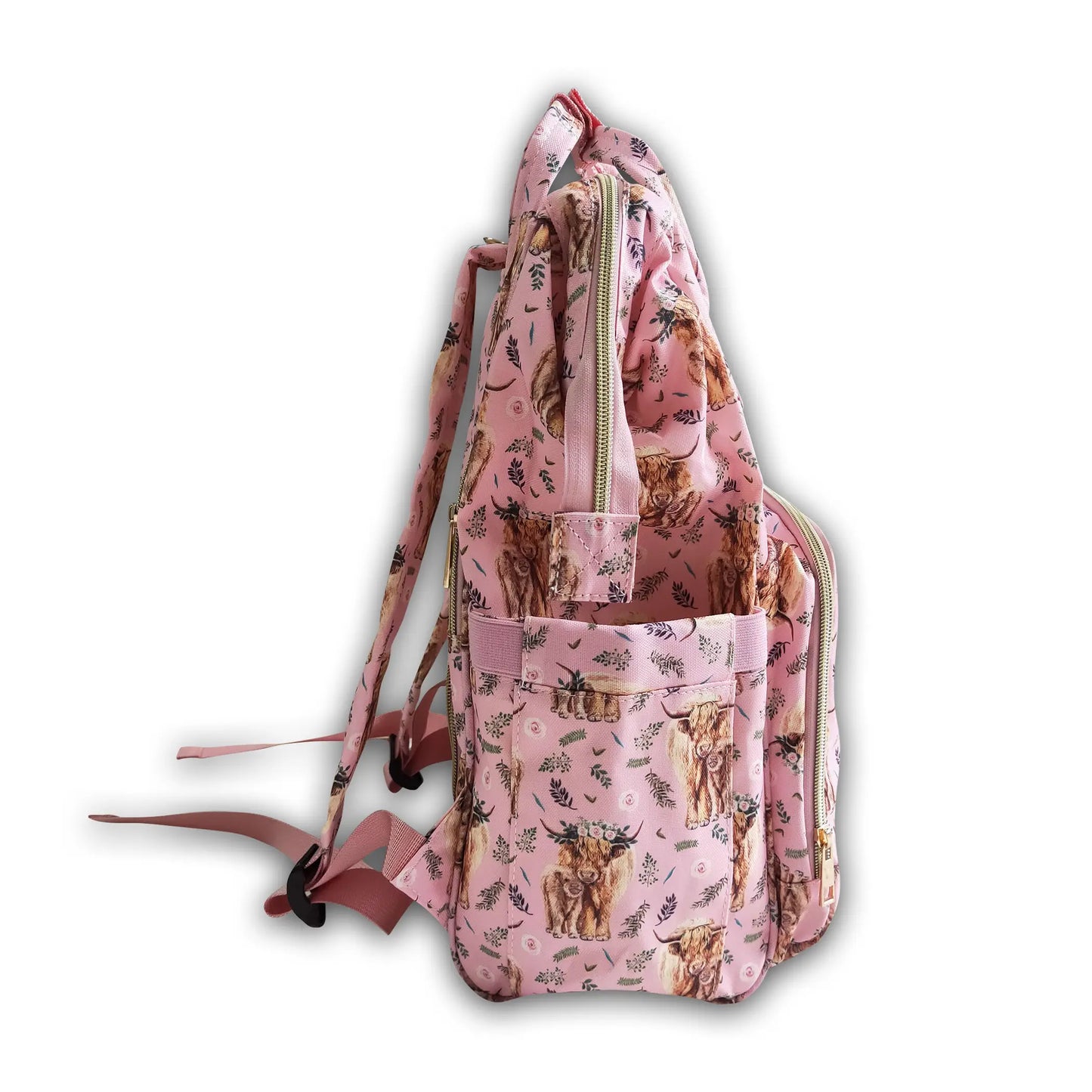 Wildflowers + cows baby diaper or backpack-  Stay stylish with this beautiful cowgirl style bag!   Perfect to use as a diaper bag with compartments to keep diapers, pacifiers, burp cloths, spare clothes, bottles + so much more!  Or use it as a stunning kids school backpack!  Size:  15.75 inches x 10.24inches