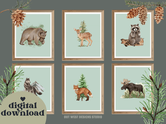 Woodlands animal print- babies, toddler boys + girls nursery home wall decor - fox deer raccoon wolf moose bear Canadian kids bedroom