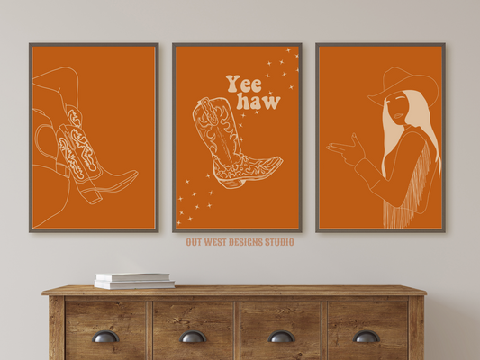 Yee Haw Cowgirl Desert set of 3 prints - Western home decor - Poster wall art cowgirl boots cowboy print