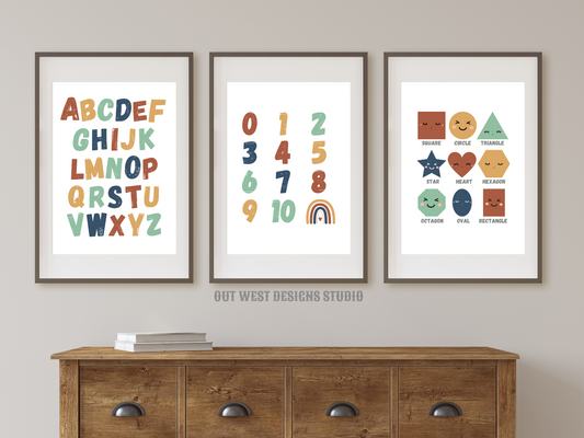 Pastel alphabet numbers + shapes print- babies, toddler boys nursery home wall decor - play room + kids bedroom educational poster art