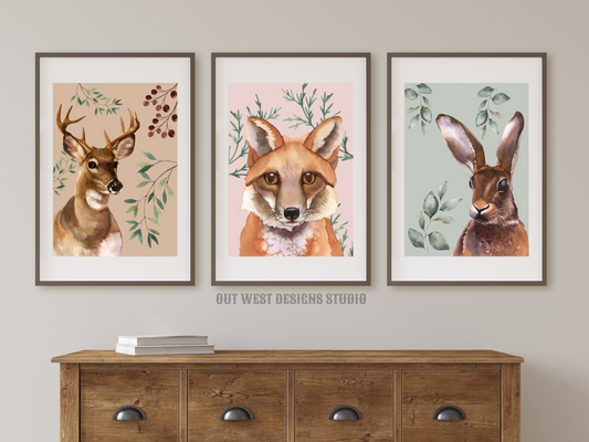 Woodlands animal print- babies, toddler girls nursery home wall decor - fox deer + rabbit hare water-color kids bedroom