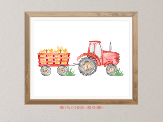 Red tractor farm print - babies, toddler boys nursery home wall decor - farming hay trailer chickens machinery water-color kids bedroom