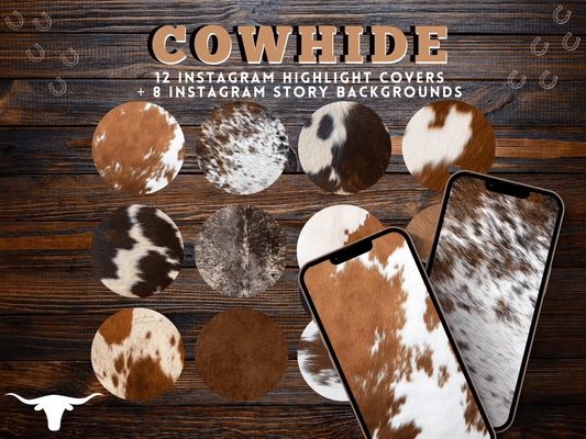 Cowhide Western Cowgirl Instagram highlight covers + story backgrounds - Cow print Wild West farm IG icons farming homesteading cattle