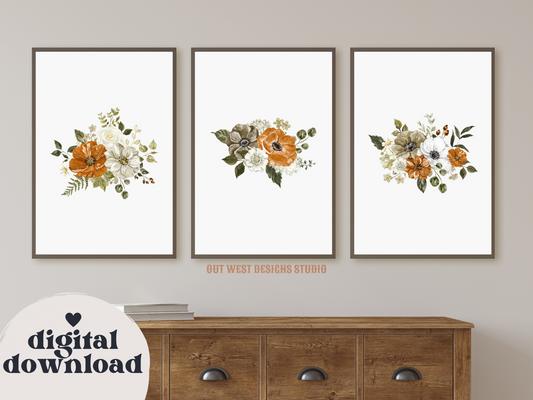 Printable floral set of 3 prints in orange greys greens white - Flower decor Poster wall art homestead farmhouse home boho vintage country
