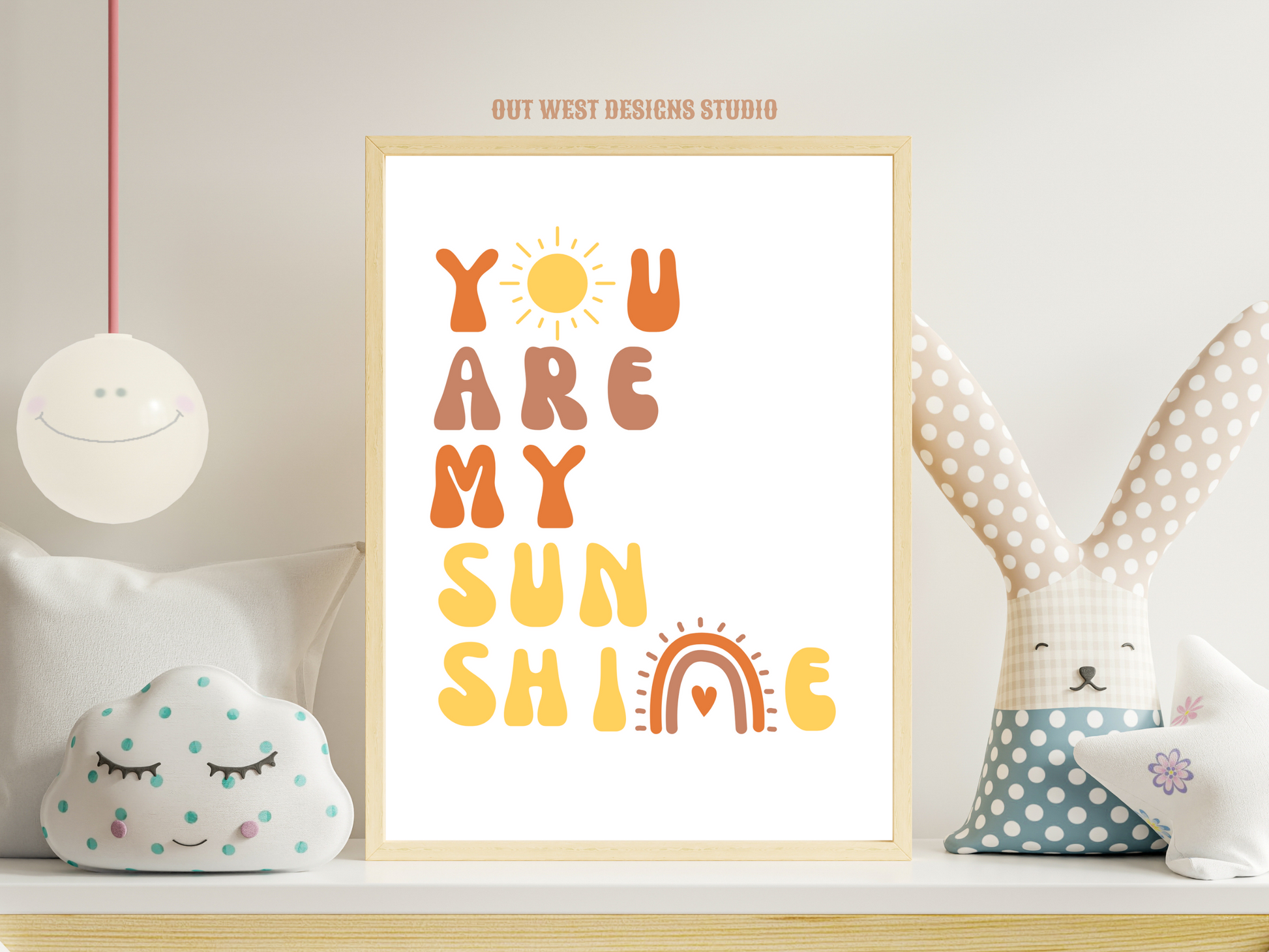 You are my sunshine nursery print in pink, orange + yellow | Kids bedroom poster art | boho babies nursery decor girls + boys room