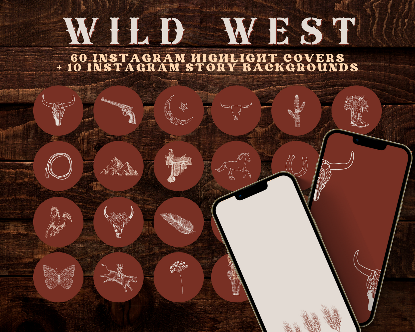 Wild West Cowgirl Instagram highlight covers + story backgrounds - Burgundy + light blue