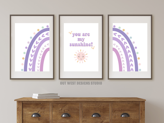 Sunshine rainbow nursery print- You are my sunshine pastel purple baby, toddler girls + boys wall decor water-color kids bedroom