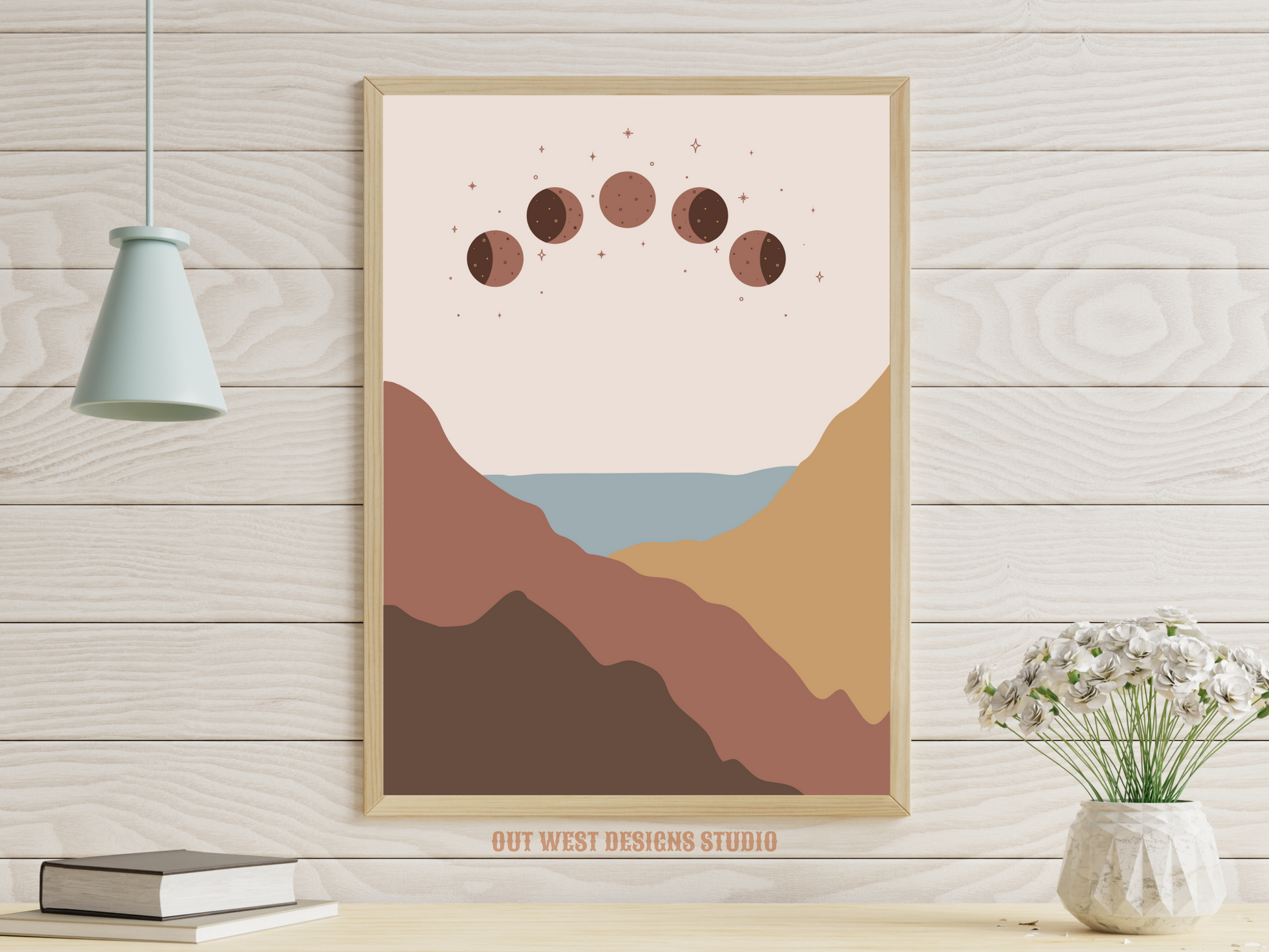 Dusty Blue Mountains + Moon boho cowgirl print - Western mountain astrology star pastel printable poster