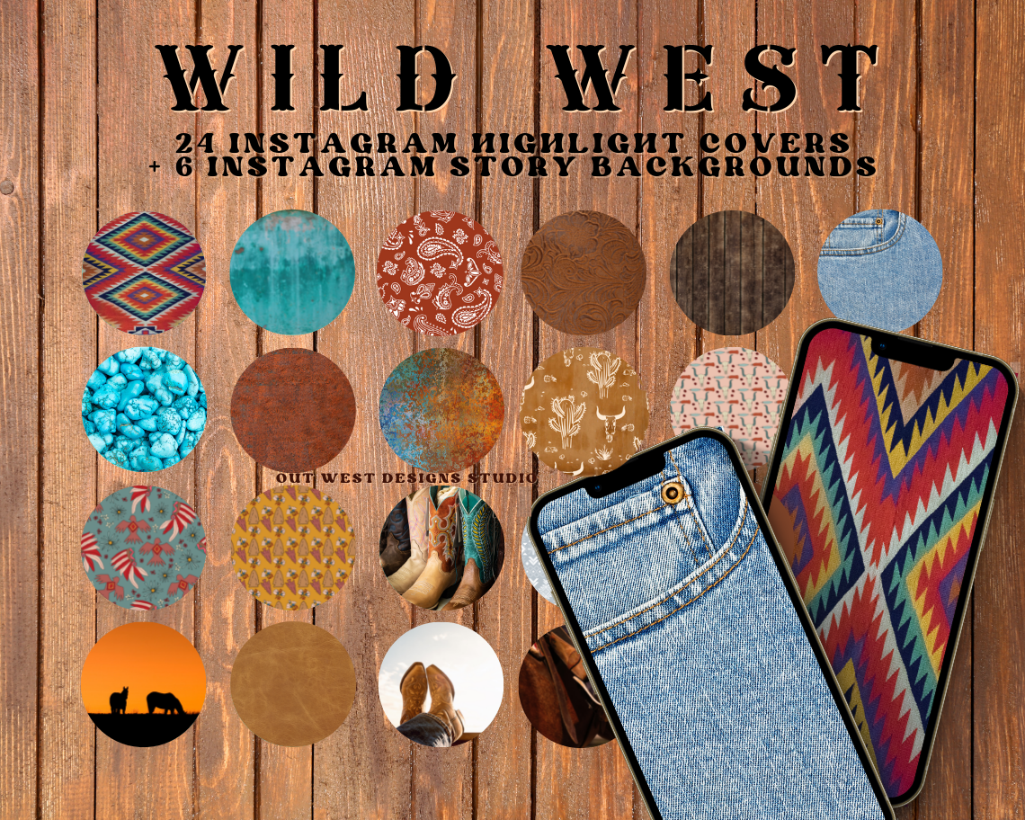 Wild West Western Cowgirl Instagram highlight covers + story backgrounds - Turquoise and southwest cowboy