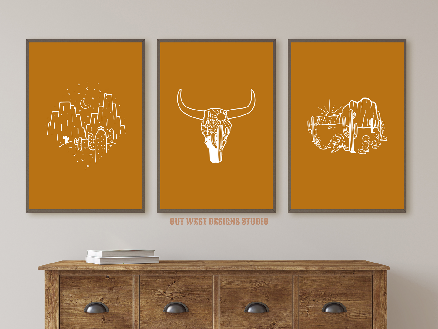 Printable Cowgirl Desert set of 3 prints in Mustard yellow + white - Western home decor - Poster wall art long horn, cactus, south western!