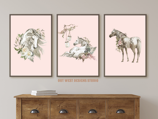 Mystical flower ponies print - babies, toddler girls nursery home wall decor -light grey - horse western boho pony watercolor kids bedroom