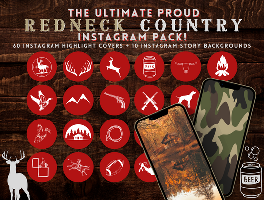 Redneck Country Instagram highlight covers + story backgrounds - Red hunting camo - Western IG icons | deer elk bear hunter social media