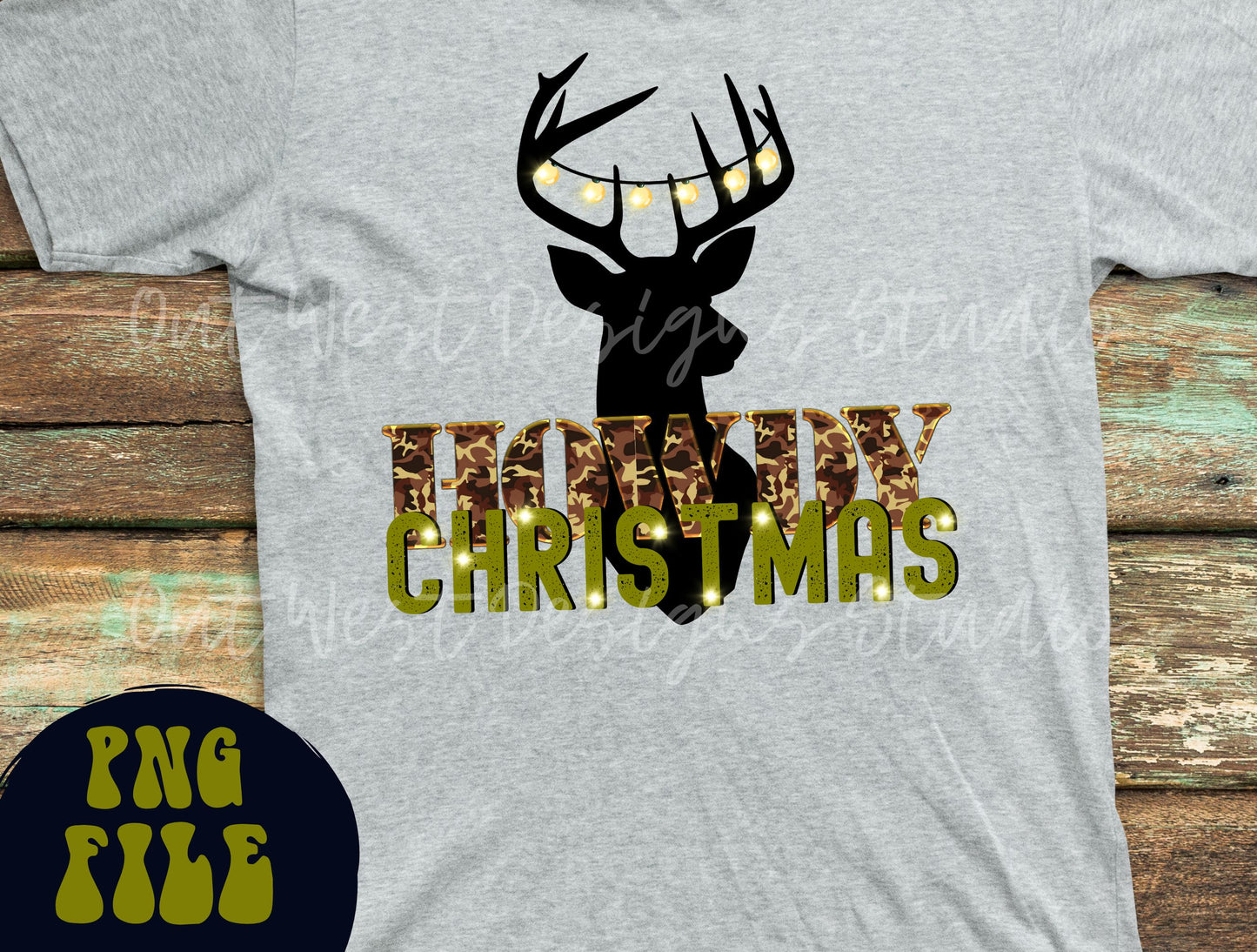 Howdy Camo Christmas png download-Western hunting Christmas png, Country Christmas png, Holiday sublimation, Howdy png, deer lights