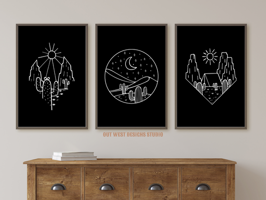 Printable Southwest Cowgirl Desert set of 3 prints in black + white color - Western home decor - Poster wall art long horn, cactus, moon