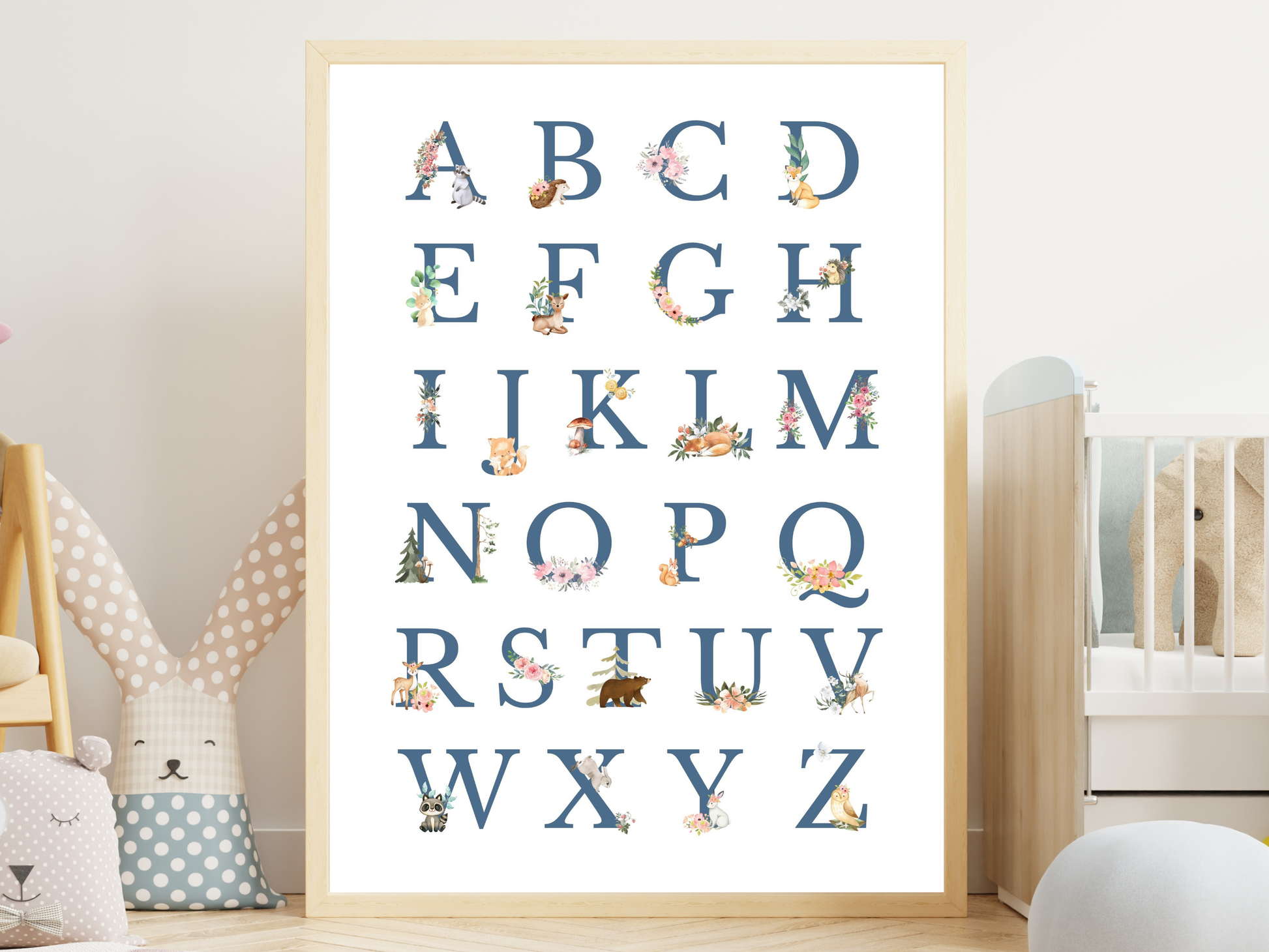 Alphabet Woodlands animals Poster Printable Wall Art BLUE FONT | ABC Alphabet Print Kids | Boho + country Nursery Decor Playroom picture