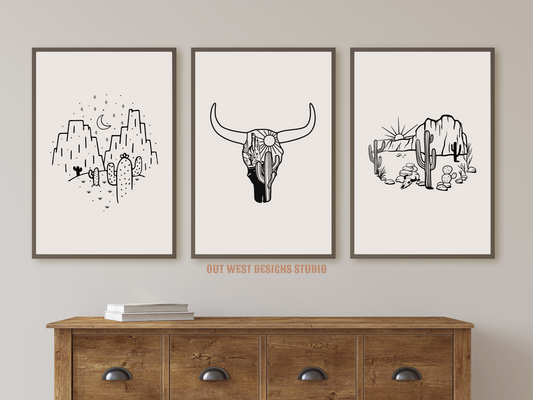 Printable Cowgirl Desert set of 3 prints in Off white/grey + black - Western home decor - Poster wall art long horn, cactus, south western!