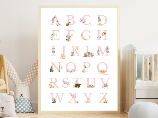 Alphabet Woodlands animals Poster Printable Wall Art PINK FONT | ABC Alphabet Print Kids | Boho + country Nursery Decor Playroom picture