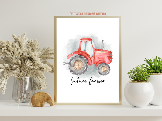 Future farmer red tractor farm print - babies, toddler boys nursery home wall decor - farming machinery water-color kids bedroom