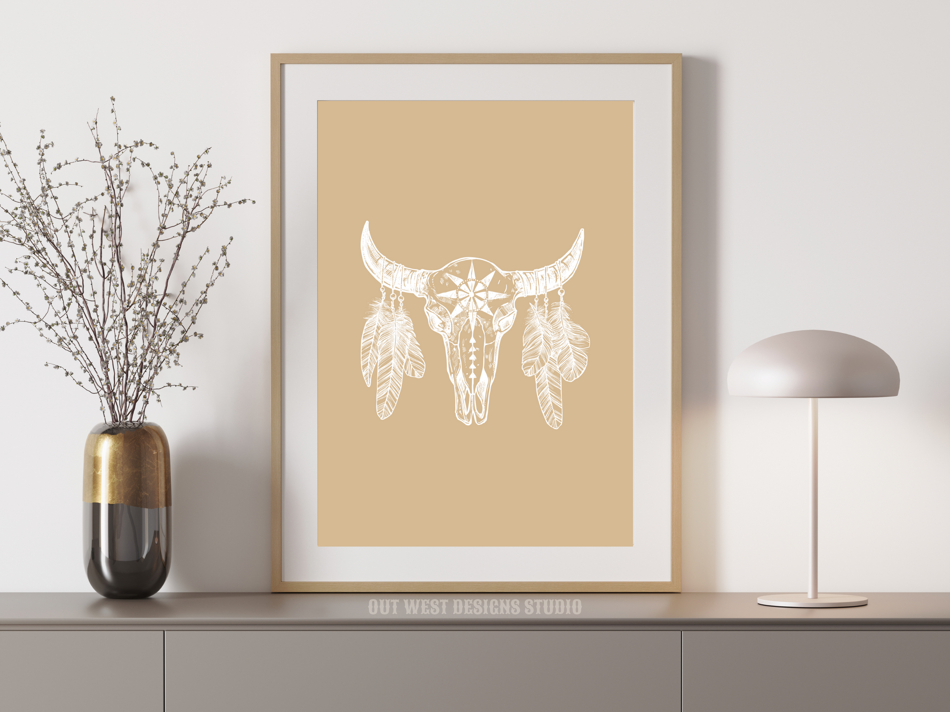 Buffalo and feathers Western cowgirl home decor - Retro Poster wall bedroom, hallway lounge room southern ranch art!