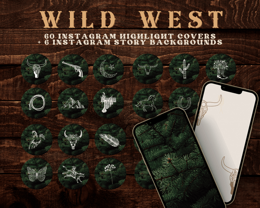 Wild West Cowgirl Instagram highlight covers + story backgrounds - Pines green, tan, cream + white western rodeo IG icons for social media
