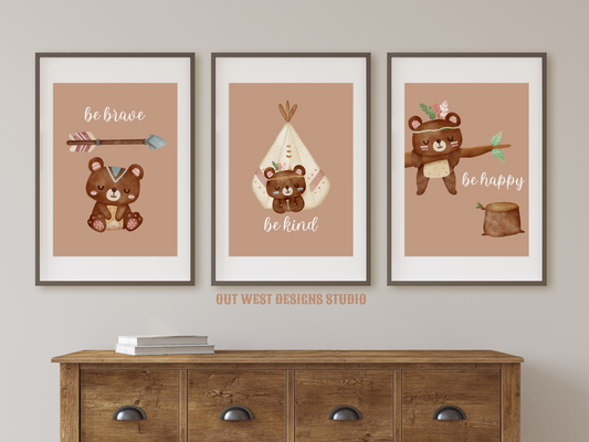 Tribal Bears print - babies, toddler girls + boys nursery home wall decor - be brave, kind, happy, boho pony kids woodland bedroom