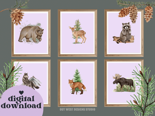 Woodlands animal print- babies, toddler boys + girls nursery home wall decor - fox deer raccoon wolf moose bear Canadian kids bedroom