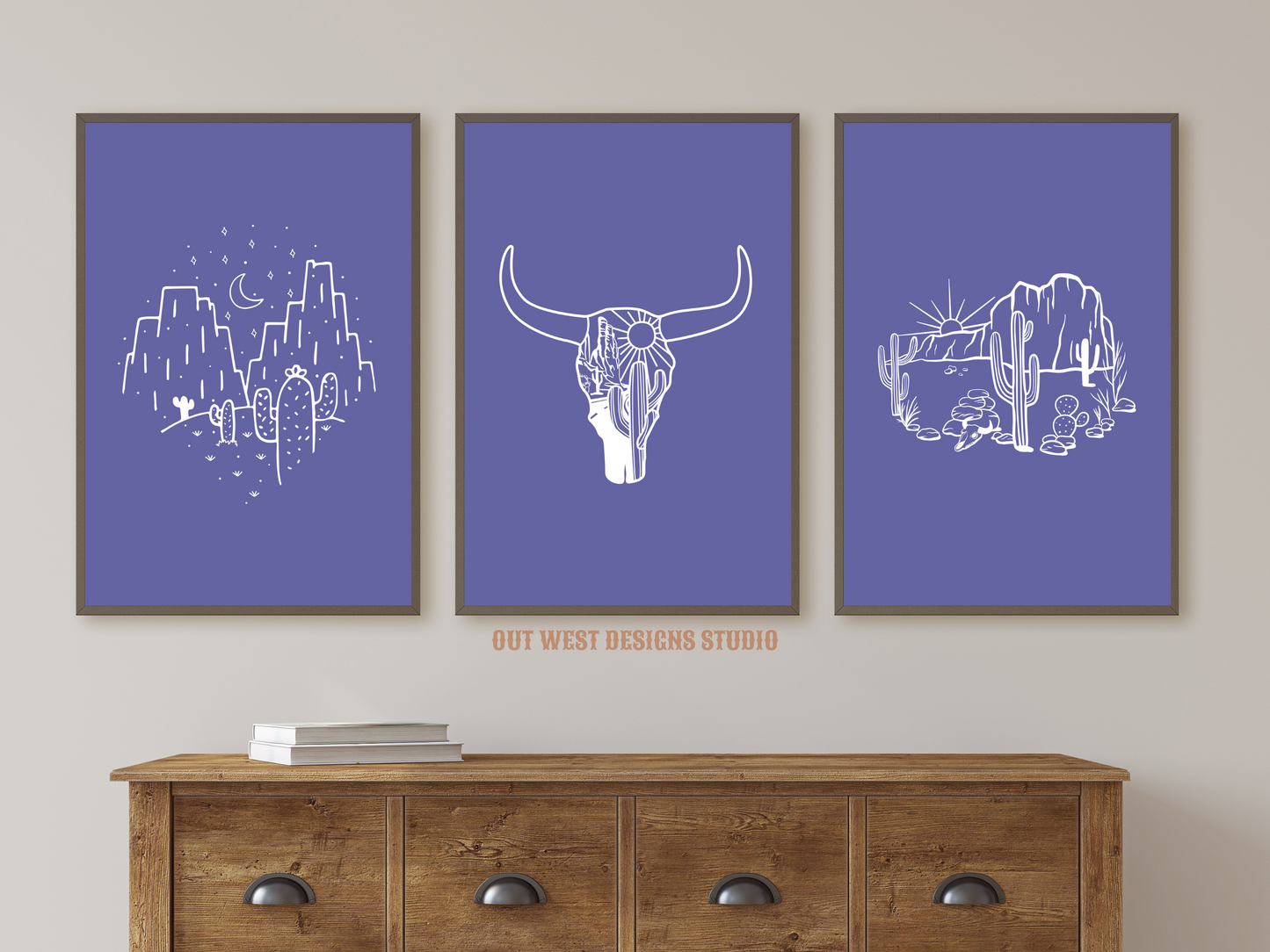 Printable Cowgirl Desert set of 3 prints in Purple + white - Western home decor - Poster wall art long horn, cactus, south western!