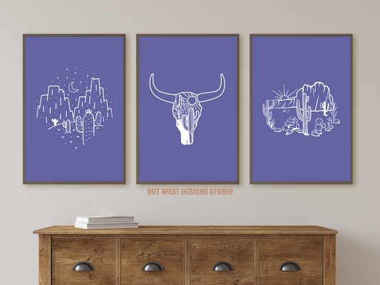 Printable Cowgirl Desert set of 3 prints in Purple + white - Western home decor - Poster wall art long horn, cactus, south western!