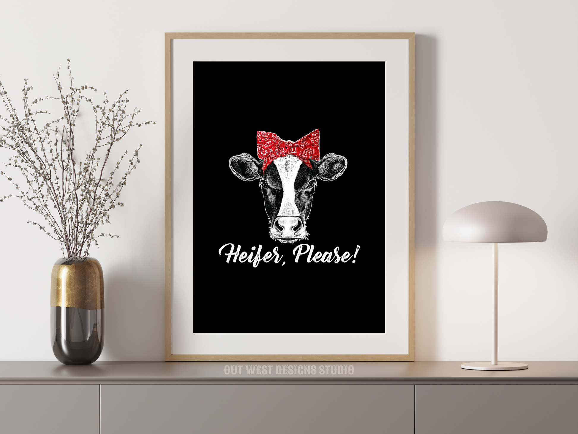 Heifer please cowgirl print black - Western home decor - Retro Poster wall bedroom, hallway, lounge room southern cow calf western art!