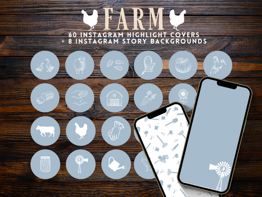 Farm + homesteading blue Instagram highlight covers + story backgrounds. Garden illustrations + icons
