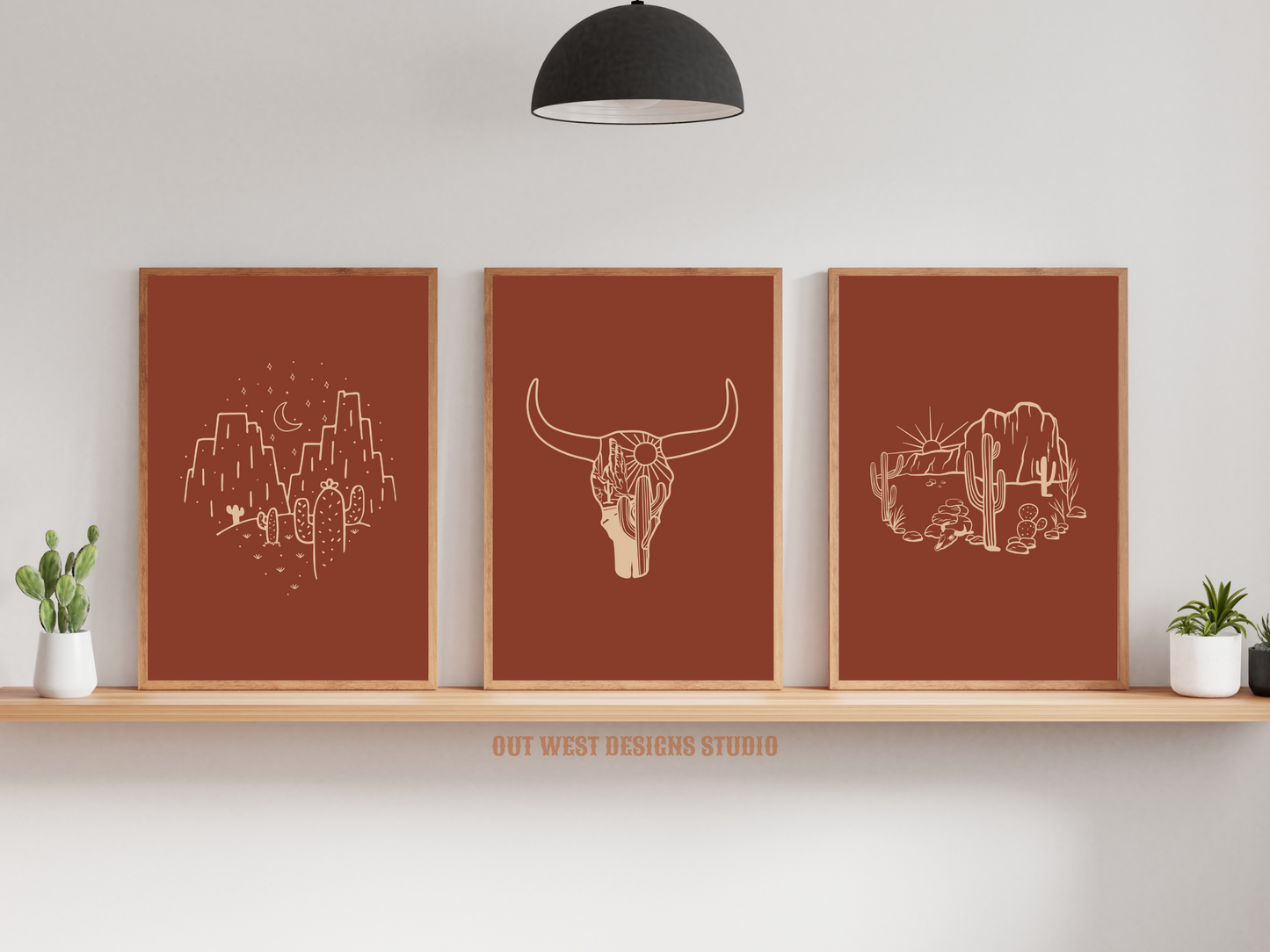 Printable Cowgirl Desert set of 3 prints in rust + cream color - Western home decor - Poster wall art long horn, cactus, south western!