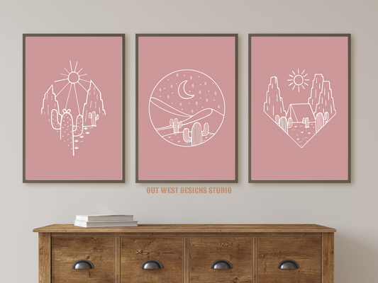 Printable Southwest Cowgirl Desert set of 3 prints in pink + white color - Western home decor - Poster wall art long horn, cactus, moon