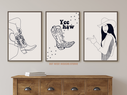 Yee Haw Cowgirl Desert set of 3 prints - Western home decor - Poster wall art cowgirl boots cowboy print