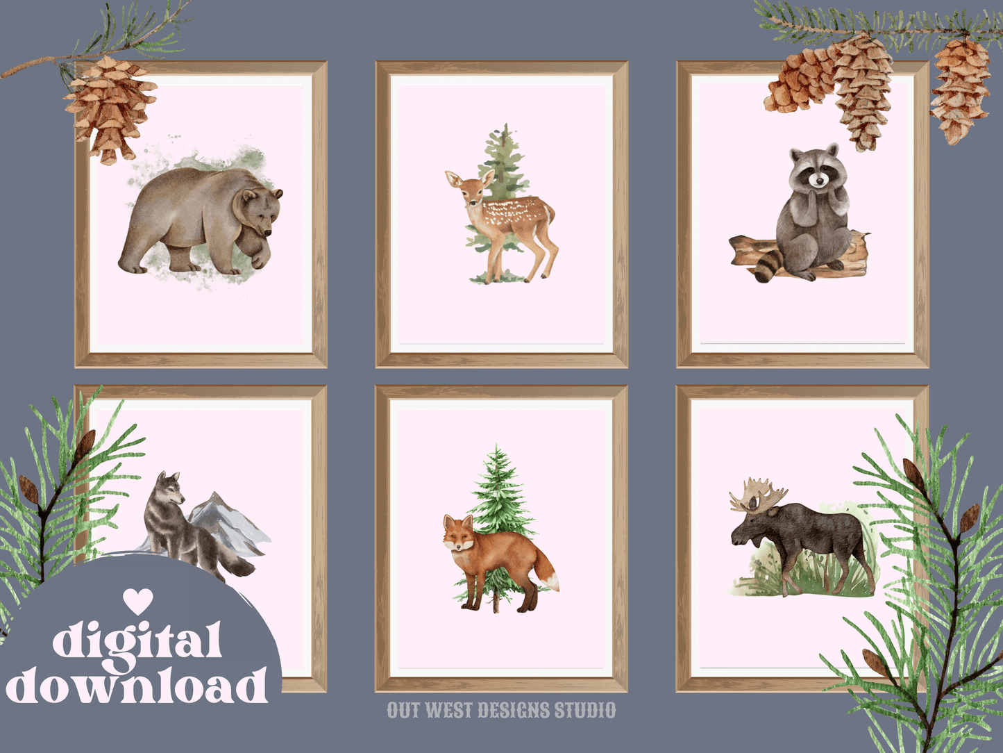 Woodlands animal print- babies, toddler boys + girls nursery home wall decor - fox deer raccoon wolf moose bear Canadian kids bedroom