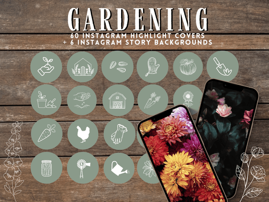 Green Gardening floral Instagram highlight covers + story backgrounds - Garden flower horticulture IG icons | social media