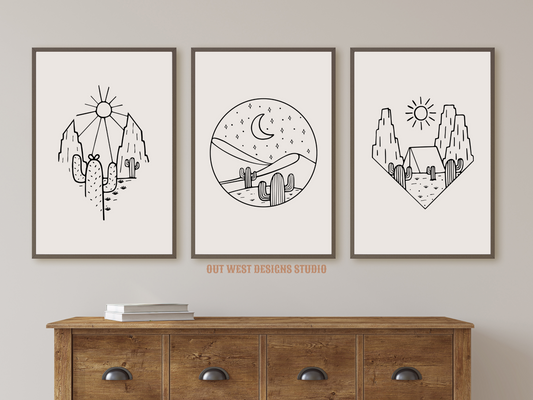 Printable Southwest Cowgirl Desert set of 3 prints in black + white color - Western home decor - Poster wall art long horn, cactus, moon