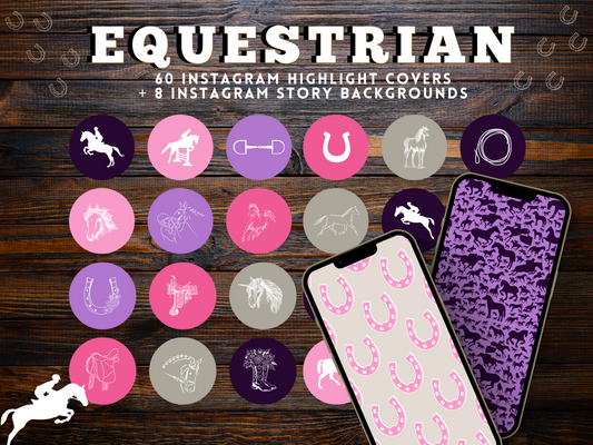 Equestrian horse riding Instagram highlight covers + story backgrounds - Pink Purple show jumping, pony, dressage, rodeo cowgirl IG icons