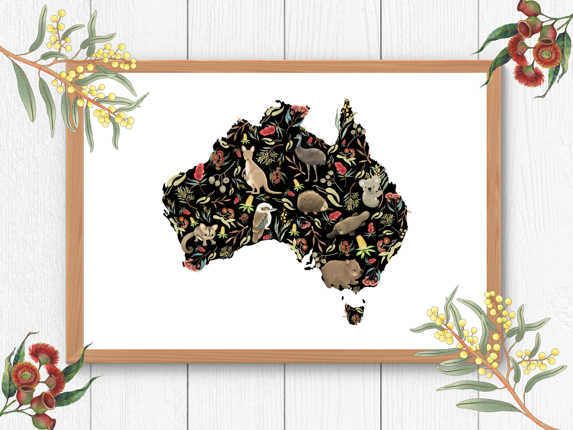 Australian animal map for Nursery print - baby toddler girls + boys home wall decor - kids bedroom- Koala, kangaroo, emu, possum, blossoms