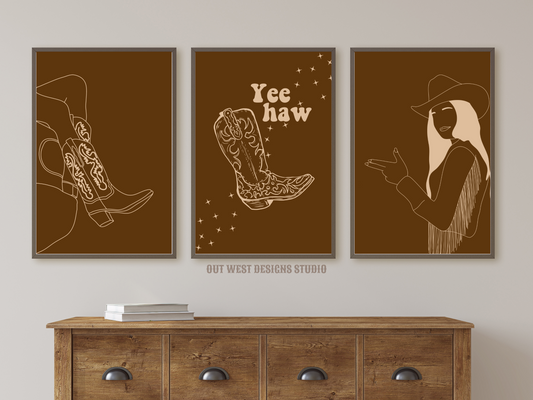 Yee Haw Cowgirl Desert set of 3 prints - Western home decor - Poster wall art cowgirl boots cowboy print
