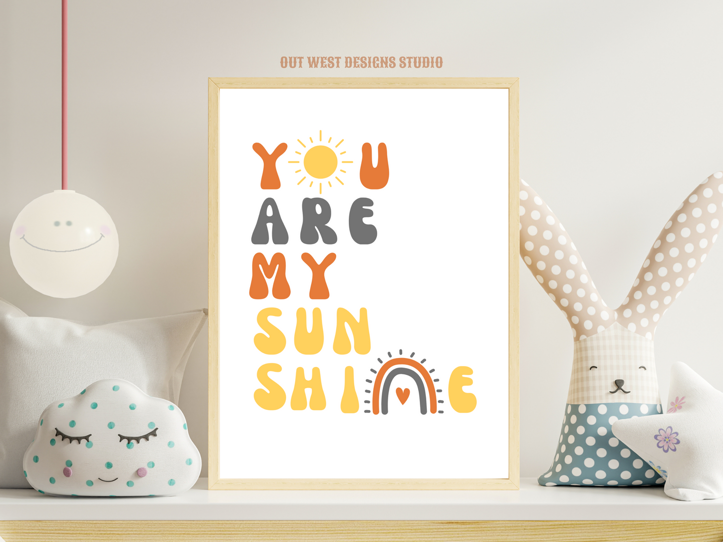 You are my sunshine nursery print in grey, orange + yellow | Kids bedroom poster art | boho babies nursery decor girls + boys room