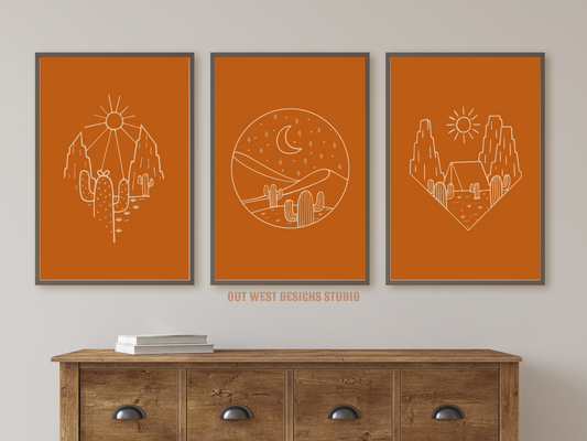 Printable Southwest Cowgirl Desert set of 3 prints in orange + cream color - Western home decor - Poster wall art long horn, cactus, moon