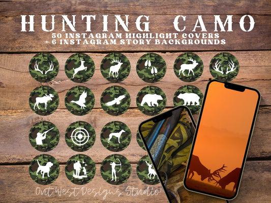 Hunting country Instagram highlight covers + story backgrounds - Green camo - country + western IG icons | deer elk bear hunter social media