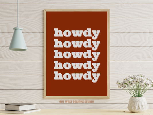 Howdy cowgirl print in Rust pink color - Western home decor - Retro Poster wall bedroom, hallway, lounge room south western art!