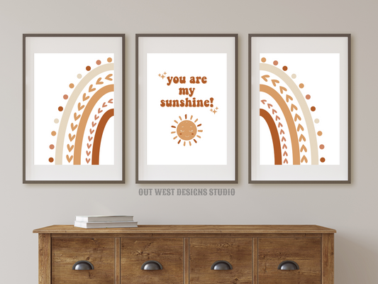 Sunshine rainbow nursery print- You are my sunshine neutral orange rust baby, toddler girls + boys boho wall decor water-color kids bedroom