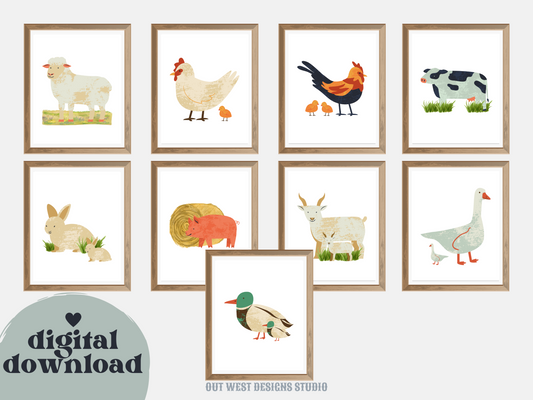 Cute farm animal prints - babies, toddler boys nursery home wall decor - farming baby animal water-color kids bedroom