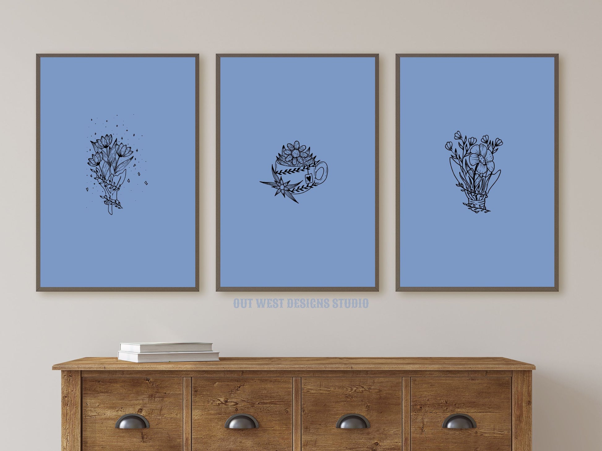 Printable Floral Nostalgia set of 3 prints in blue + white - farm house home decor - Poster wall art flowers, vase, rose, tea cup | country